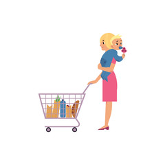 Young woman with baby in hands making purchases in supermarket with grocery basket with wheels. Isolated beautiful cartoon female character with storage hand shopping cart. Vector illustration.