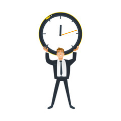 Businessman and time concept - young office worker in business suit stands and holds big wall clock overhead. Isolated cartoon vector illustration of deadline and time management theme.