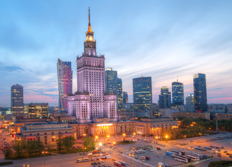 Naklejka na ściany i meble Evening panorama of the city. Warsaw Poland.