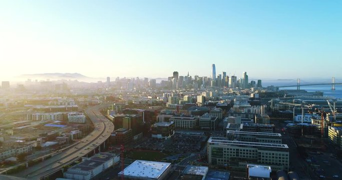 Aerial view of San Francisco city skyline at sunset