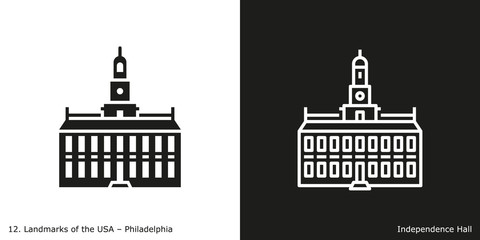 Philadelphia - Independence Hall. Famous American landmark icon in line and glyph style.