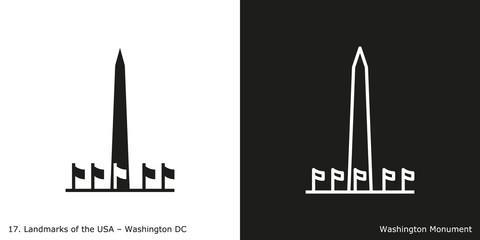 Washington DC - Washington Monument. Famous American landmark icon in line and glyph style.