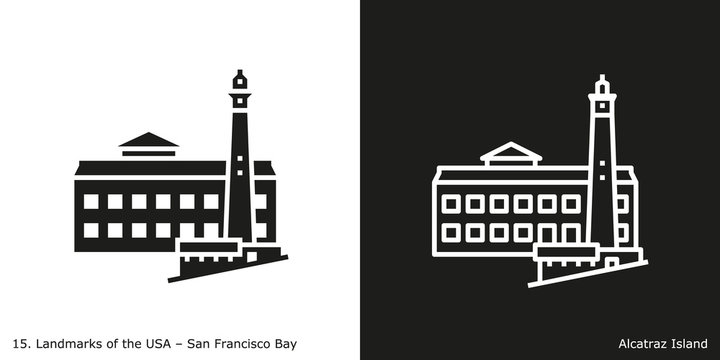 San Francisco Bay - Alcatraz Island. Famous American landmark icon in line and glyph style.