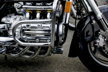 Closeup of a big shiny motorcycle engine