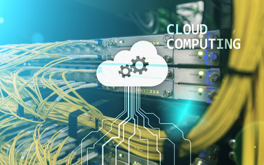 Cloud computing and networking concept on server room background.