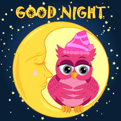 A sad lonely pink cartoon owl with a bow can not sleep at night, sitting on a sleeping moon among the stars. Concept of insomnia