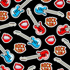 Cartoon musical seamless pattern with guitars, "rock on" patches, etc. Colorful bright vector illustration. Black background.