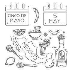 Cinco de mayo line icons set. Symbols collection for annual Mexican celebration. May 5. Holiday date in calendar. Vector illustration