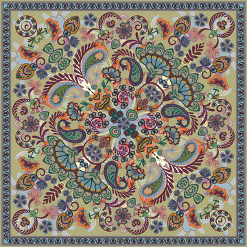 Vector ornament paisley bandana print, silk neck scarf or kerchief square pattern design style for print on fabric. Bandana paisley style