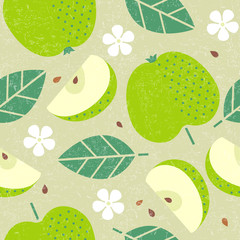 Seamless pattern. Apple juicy fruits leaves and flowers on shabby background.