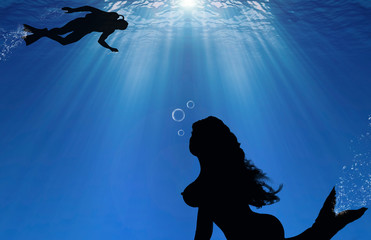 Sirena y buzo, fondo del mar con rayos de sol, ilustración