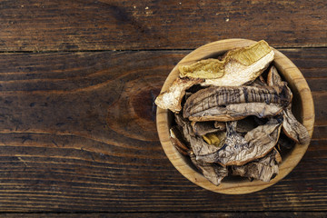 Dried mushrooms in a plate. View from above.