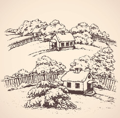 Fototapeta na wymiar The village in winter. Vector drawing