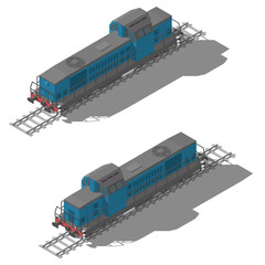 Freight diesel locomotive isometric low poly icon set