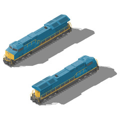 Freight diesel locomotive isometric low poly icon set