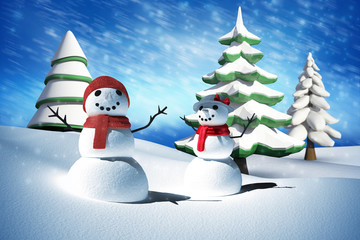 Composite image of snow man against blue sky