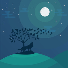 Landscape with silhouette of tree and wolf, beautiful night sky with stars