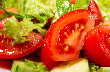 Detail view of fragments of chopped tomato and cucumber