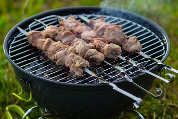 Roasting shish kebab or shashlik on skewers