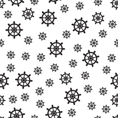 Nautical seamless pattern with black helms on white. Ship and boat steering wheel ornament. Marine background with rudder. Summer vector flat illustration.