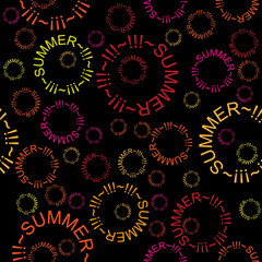 Colored circles on a black background. Seamless modern pattern with the inscription: summer.