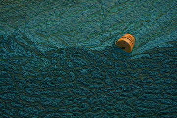 Fototapeta na wymiar orange buoy on the waves as a symbol of help and hope. Green background. Sludge texture. Abstract.