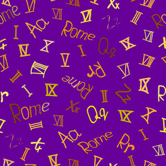 Seamless pattern with Roman numerals, letters and word Rome.