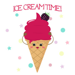 Ice cream smiley in a waffle cone in the style of a cartoon.