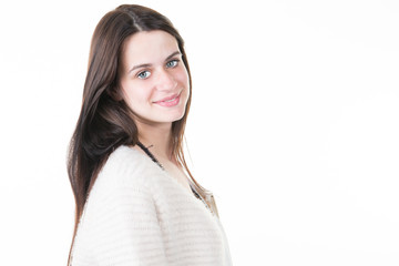 young beautiful brunette girl smiling looking at camera in white background