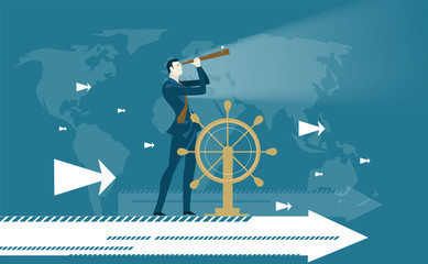 Business man next to ship steering wheel, controlling and developing business process on arrow, which moves him to future success. Concept illustration