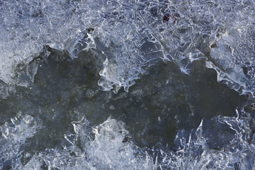 the frozen stream in the forest, the texture of the ice