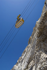 Moving funicular cabin bottom view against sky