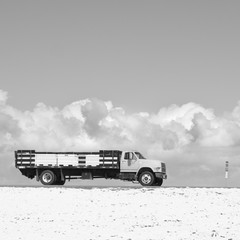 Truck with Storm Clouds Black and White