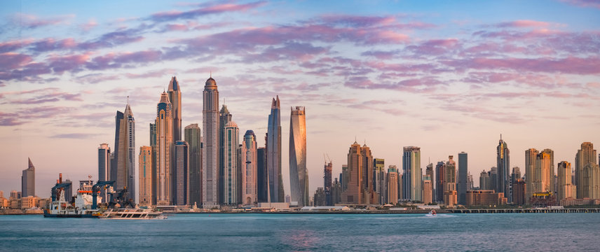 Pink sunset on JBR. Emirates, Dubai, Jumeirah Beach Residens & Dubai Marina, Dec.2017