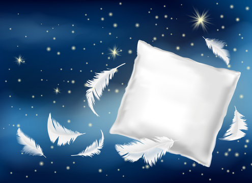 Vector 3d realistic illustration with white pillow and feathers isolated on blue night background. Mock up with soft cushion for comfortable sleep and sweet dreaming