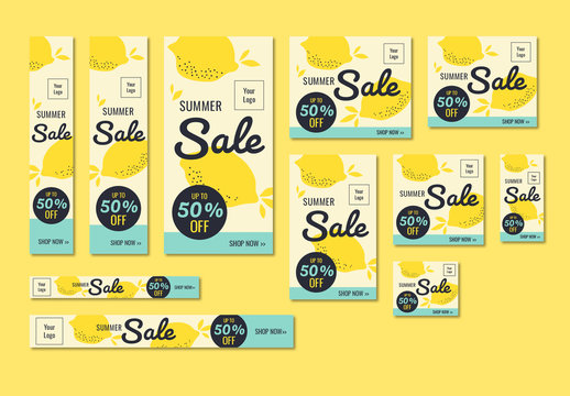 Summer Sale Banner Set with Lemon Illustrations