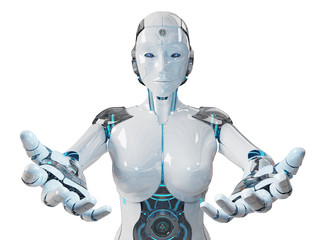 White woman cyborg opening her two hands 3D rendering