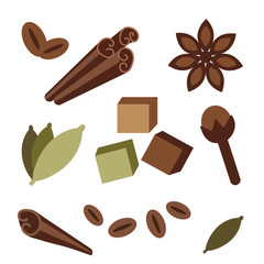 Natural organic spices icons. Clove, cardamom, anise star, cinnamon, bio coffee beans and cane brown sugar cubes. Biological flavors, aromatic original spicy condiments for coffee, tea and cooking.