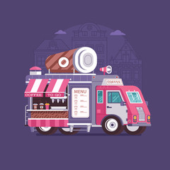 Retro coffee van in flat design. City street food truck with cafe cup. Summer kitchen auto kiosk in flat design. Cartoon car with food on wheels illustration. Vintage cartoon minivan with beverages.