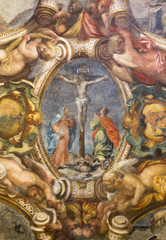 PARMA, ITALY - APRIL 17, 2018: The fresco Crucifixion on the cieling of church Chiesa di Santa Maria degli Angeli by Pier Antonio Bernabei (1620).