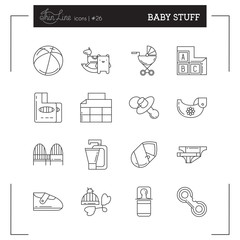 Line icons Set of Baby shop objects and tools elements. Baby games icons, child safety, Crib, children's textiles, tableware, baby diapers. Logo icons. Vector illustration.