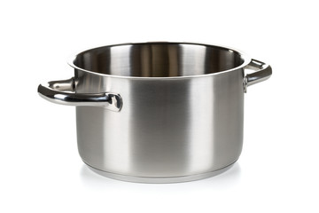 Open stainless steel cooking pot over white
