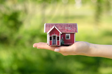 Small house in hands sun green