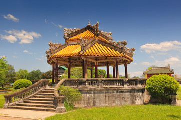 Fototapeta premium Pagoda inside the Purple Forbidden City (Imperial City) in Hue in Central Vietnam.