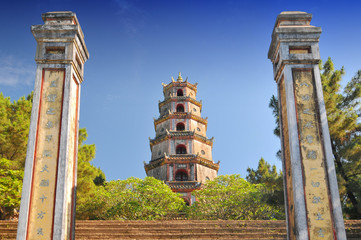 Vietnam, Hue, Phuoc Duyen Tower, Thien Mu Pagoda, historic temple in the city of Hue in Vietnam. - 202990992