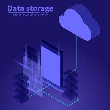 Isometric smartphone with cloud data storage vector illustration.