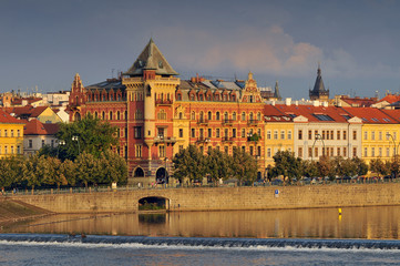 View to the Prague Old Town (Smetanovo Nabrezi) from the Vltava river.