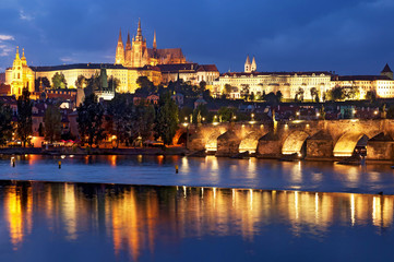 Fototapeta na wymiar Charles Bridge and Prague Castle at night, Prague, Czech Republic.