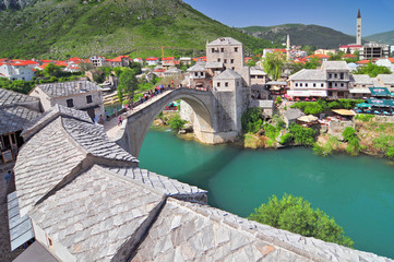 Old bridge in Mostar Bosnia and Herzegovina. - obrazy, fototapety, plakaty