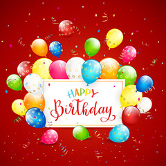 Text Happy Birthday with balloons and streamers on red holiday background